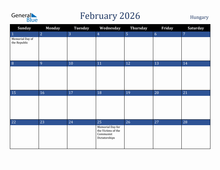 February 2026 Hungary Calendar (Sunday Start)