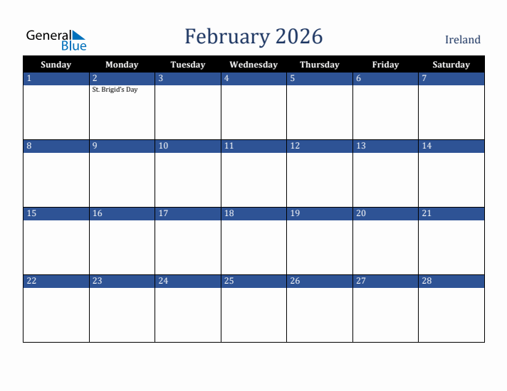 February 2026 Ireland Calendar (Sunday Start)