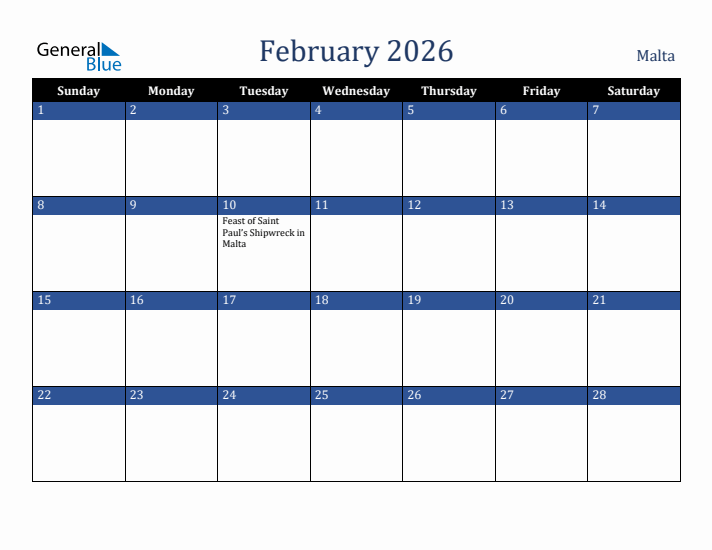 February 2026 Malta Calendar (Sunday Start)