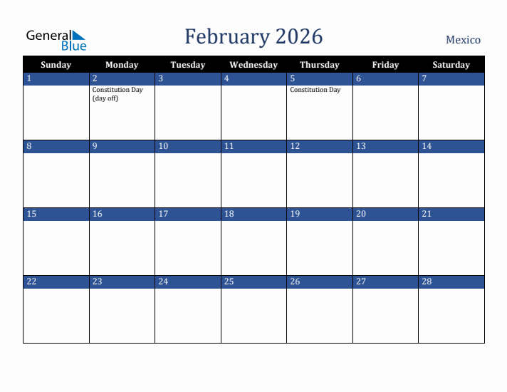 February 2026 Mexico Calendar (Sunday Start)