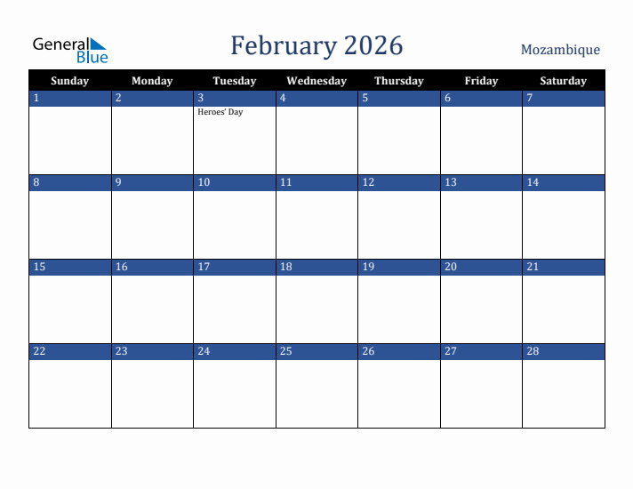 February 2026 Mozambique Calendar (Sunday Start)