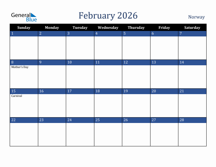 February 2026 Norway Calendar (Sunday Start)