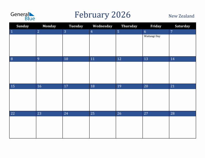 February 2026 New Zealand Calendar (Sunday Start)
