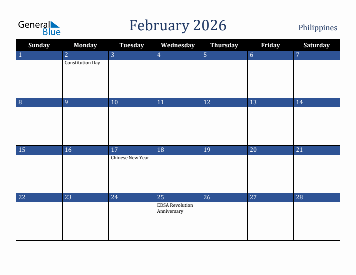 February 2026 Philippines Calendar (Sunday Start)