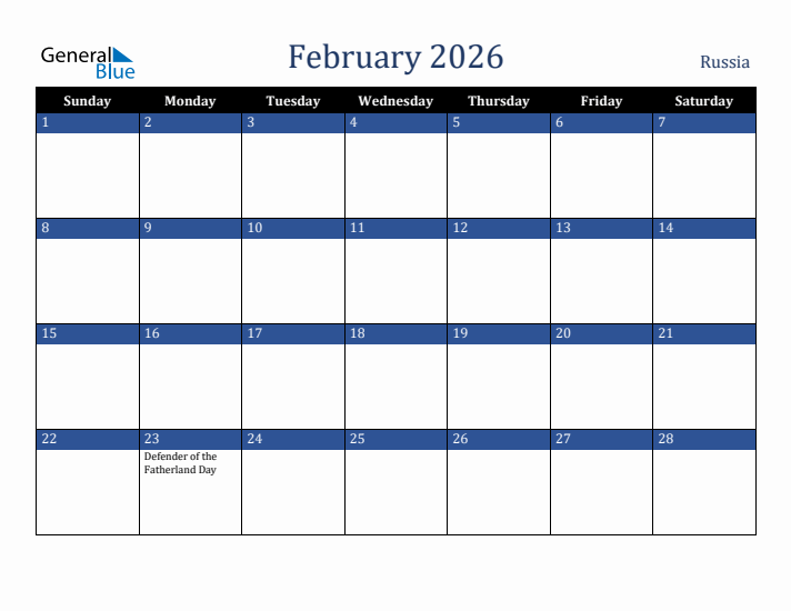 February 2026 Russia Calendar (Sunday Start)