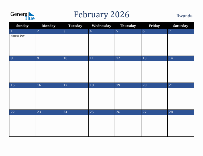 February 2026 Rwanda Calendar (Sunday Start)