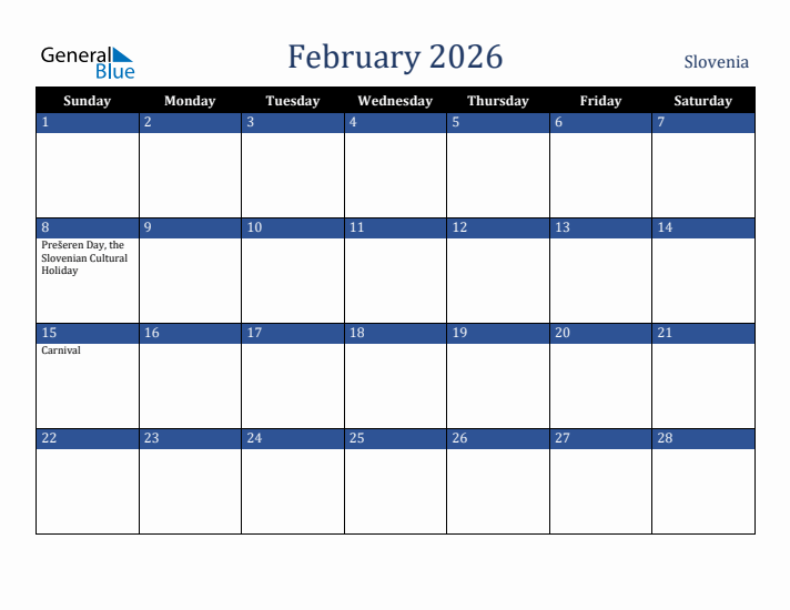 February 2026 Slovenia Calendar (Sunday Start)