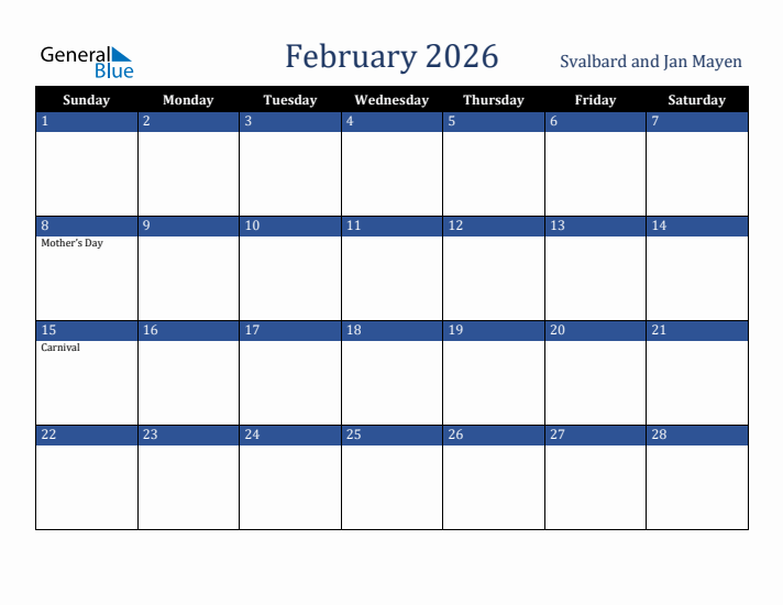 February 2026 Svalbard and Jan Mayen Calendar (Sunday Start)