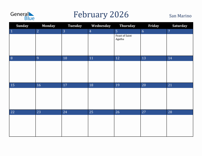 February 2026 San Marino Calendar (Sunday Start)