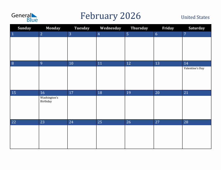 February 2026 United States Calendar (Sunday Start)