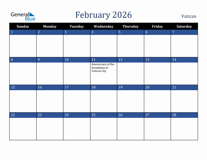 February 2026 Vatican Calendar (Sunday Start)