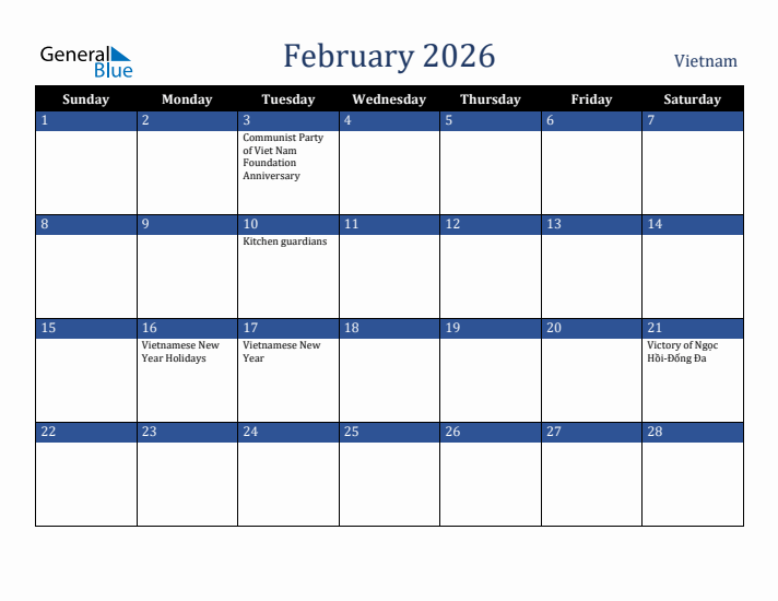 February 2026 Vietnam Calendar (Sunday Start)