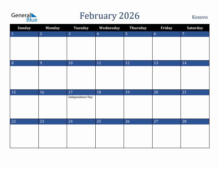February 2026 Kosovo Calendar (Sunday Start)