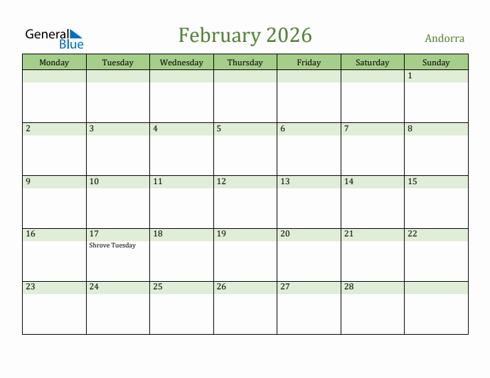 February 2026 Calendar with Andorra Holidays