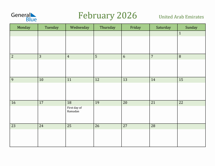 February 2026 Calendar with United Arab Emirates Holidays