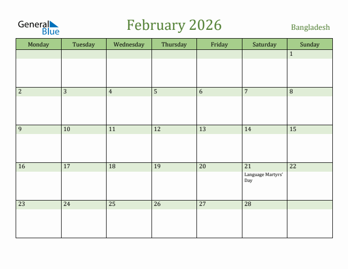 February 2026 Calendar with Bangladesh Holidays