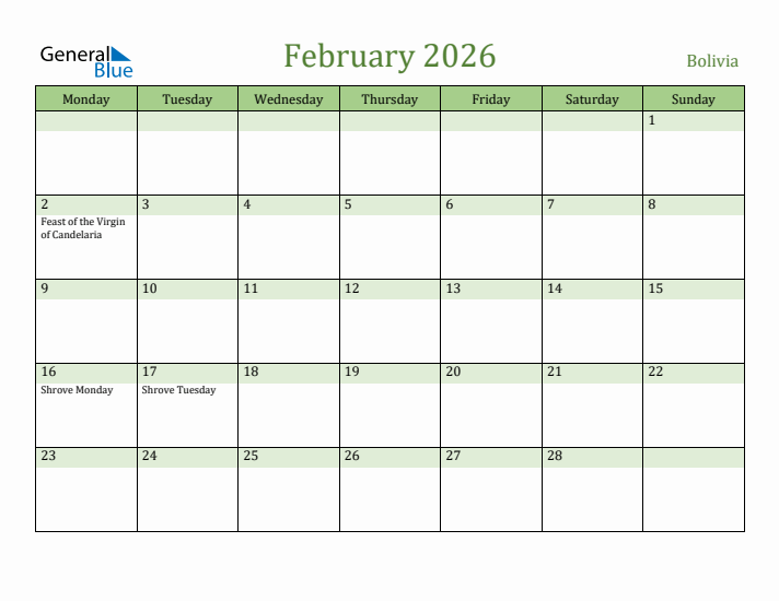 February 2026 Calendar with Bolivia Holidays