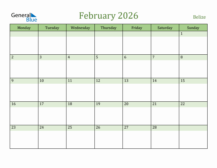 February 2026 Belize Monthly Calendar With Holidays