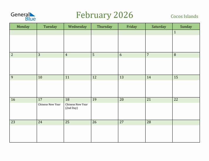 February 2026 Calendar with Cocos Islands Holidays