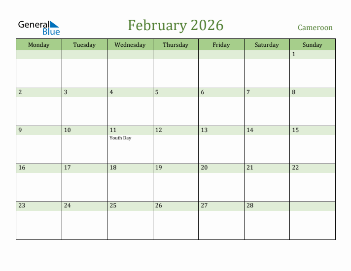 February 2026 Calendar with Cameroon Holidays
