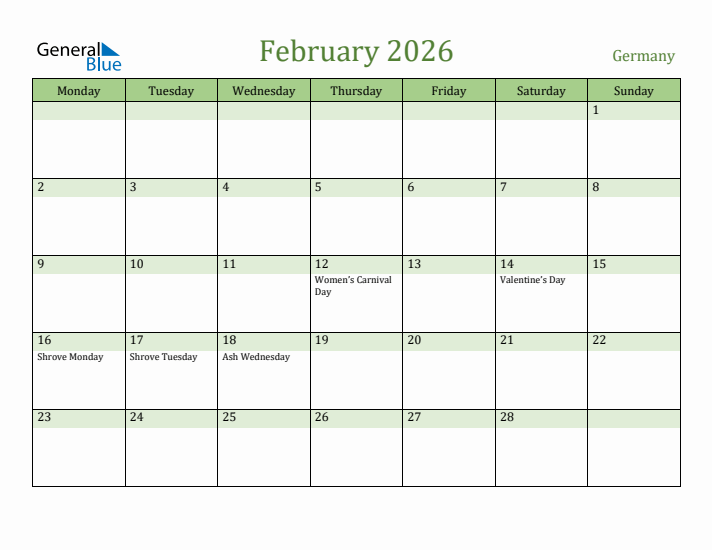 February 2026 Calendar with Germany Holidays
