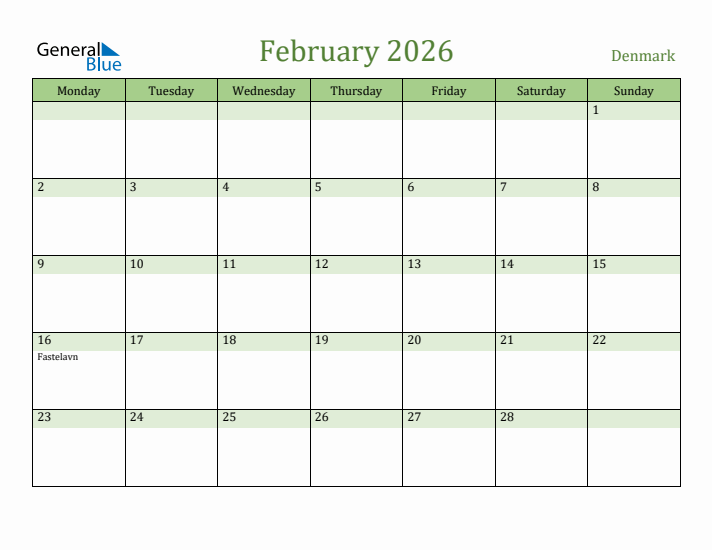 February 2026 Calendar with Denmark Holidays