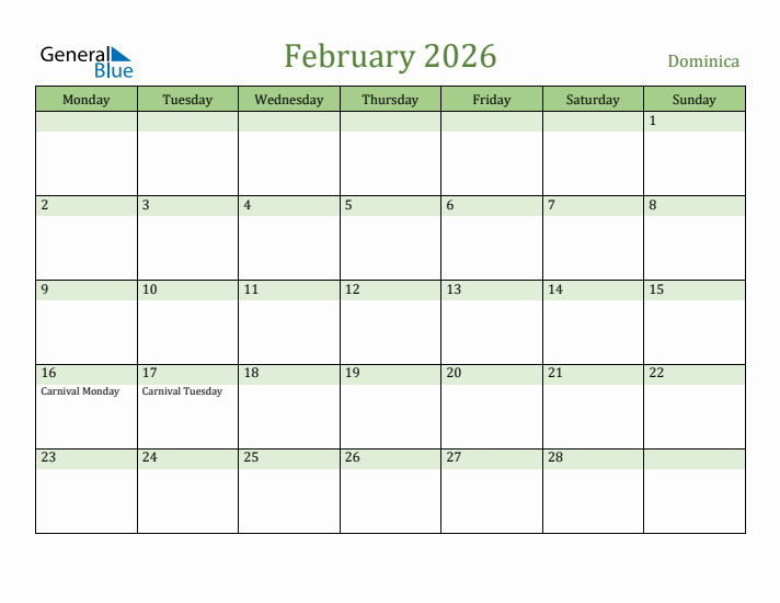 February 2026 Calendar with Dominica Holidays