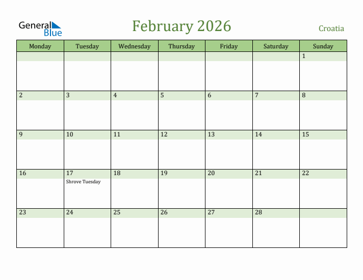 February 2026 Calendar with Croatia Holidays