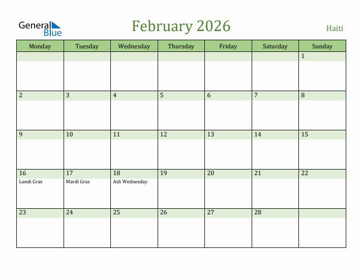 February 2026 Calendar with Haiti Holidays