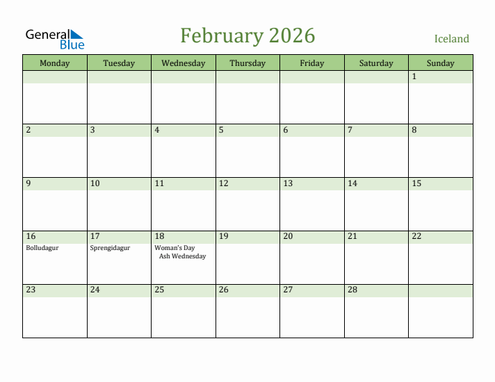 February 2026 Calendar with Iceland Holidays