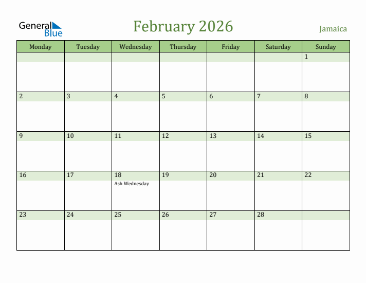 February 2026 Calendar with Jamaica Holidays