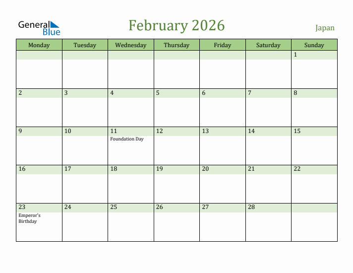 February 2026 Calendar with Japan Holidays
