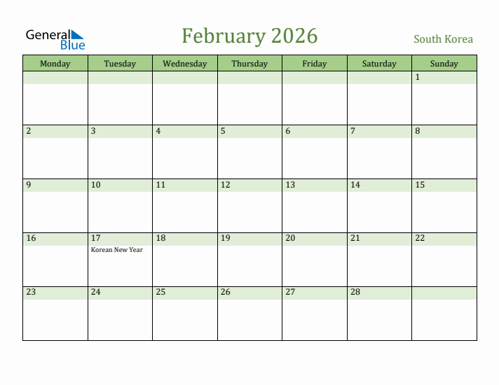 February 2026 Calendar with South Korea Holidays