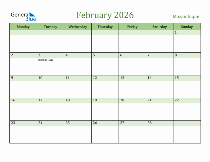 February 2026 Calendar with Mozambique Holidays