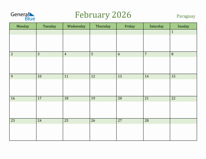 February 2026 Calendar with Paraguay Holidays