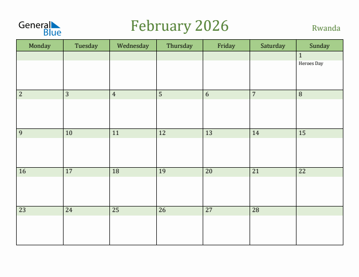 February 2026 Calendar with Rwanda Holidays