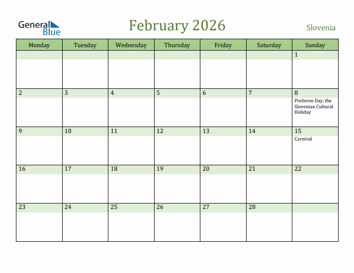 February 2026 Calendar with Slovenia Holidays