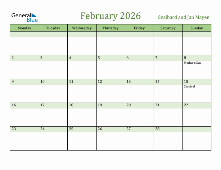 February 2026 Calendar with Svalbard and Jan Mayen Holidays