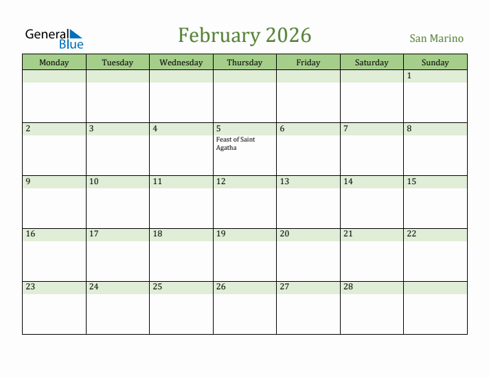 February 2026 Calendar with San Marino Holidays