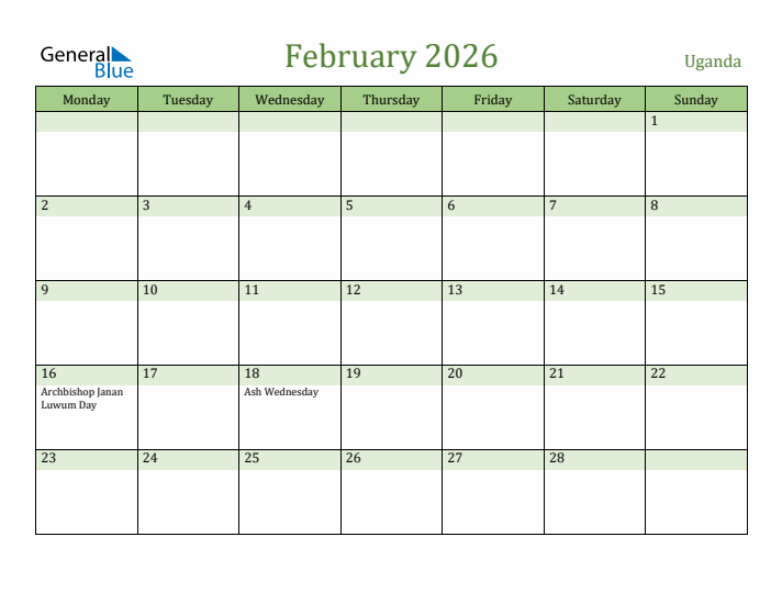 February 2026 Calendar with Uganda Holidays