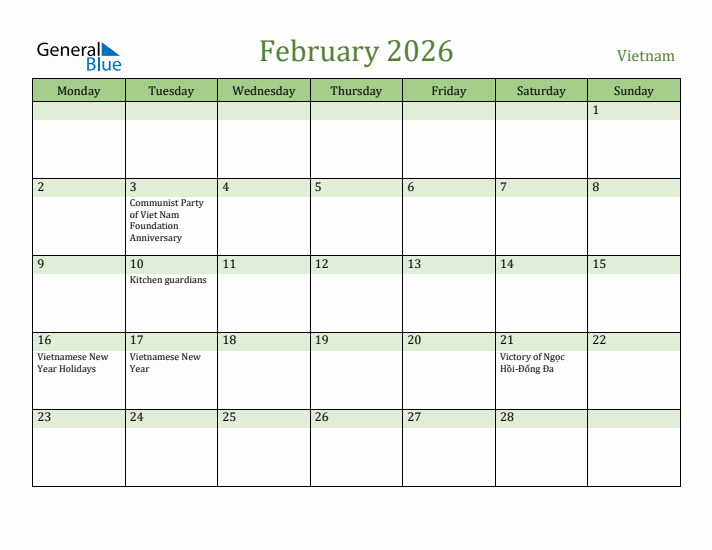 February 2026 Calendar with Vietnam Holidays