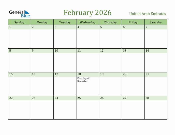 February 2026 Calendar with United Arab Emirates Holidays