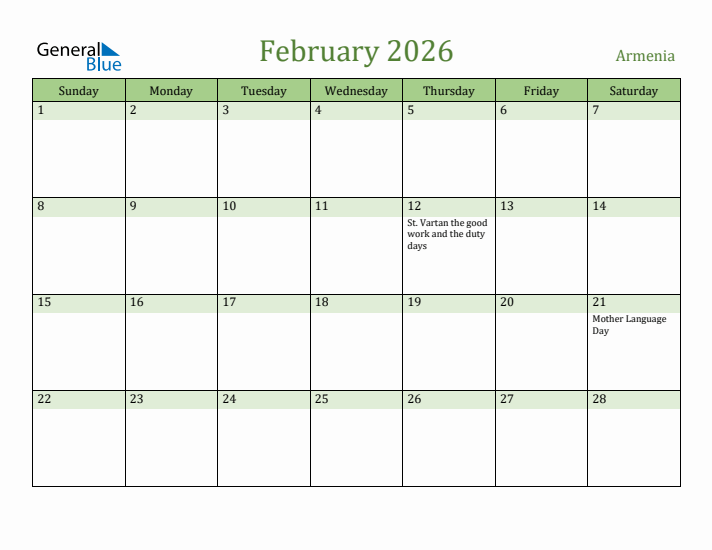 February 2026 Calendar with Armenia Holidays