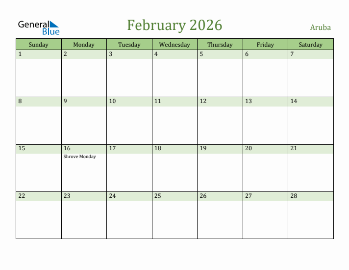 February 2026 Calendar with Aruba Holidays
