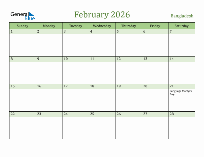 February 2026 Calendar with Bangladesh Holidays