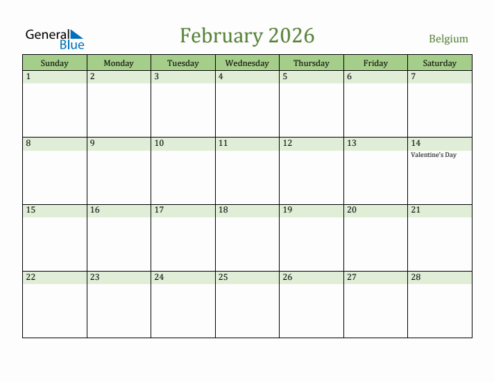 February 2026 Calendar with Belgium Holidays