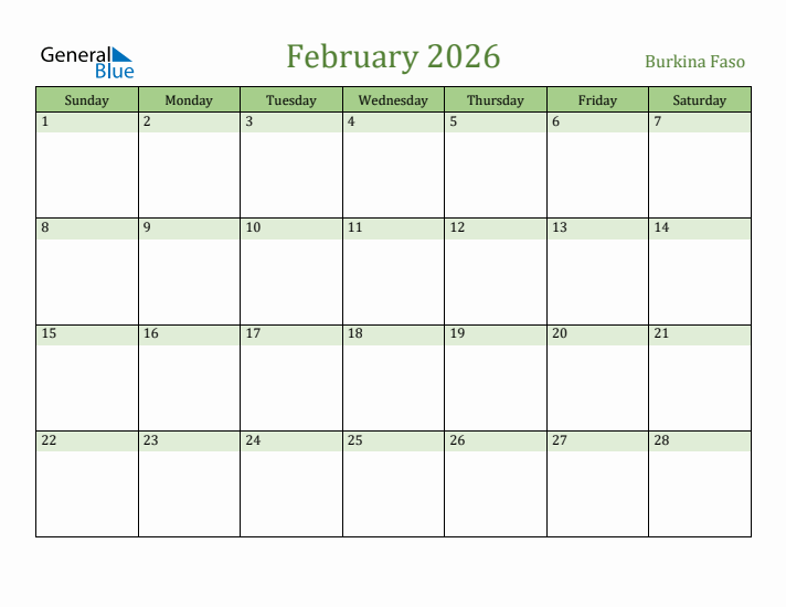 February 2026 Calendar with Burkina Faso Holidays