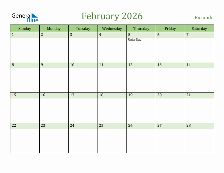 February 2026 Calendar with Burundi Holidays