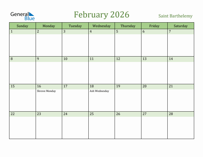 February 2026 Calendar with Saint Barthelemy Holidays