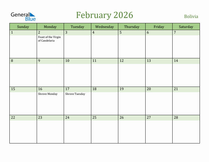 February 2026 Calendar with Bolivia Holidays